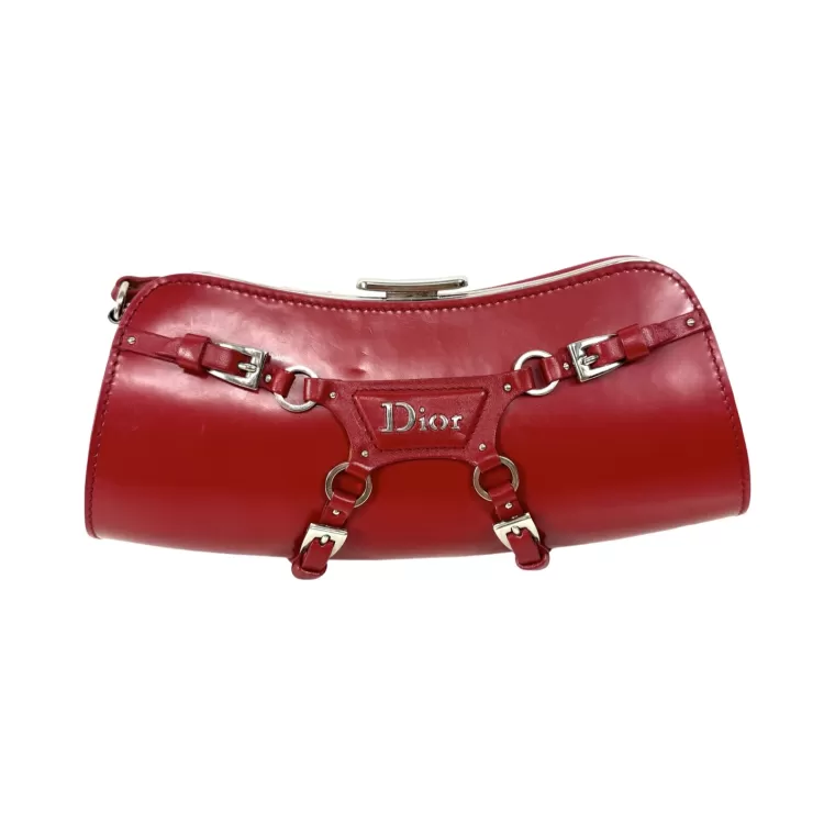Christian Dior x John Galliano, "Hardcore romance" vintage seconde main pochette rouge en cuir harnais, dépôt vente Cannes